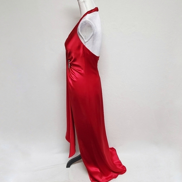 Vintage 90s ABS Evening Red Charmeuse Satin Halter Plunging Neckline Maxi Dress - Picture 10 of 15